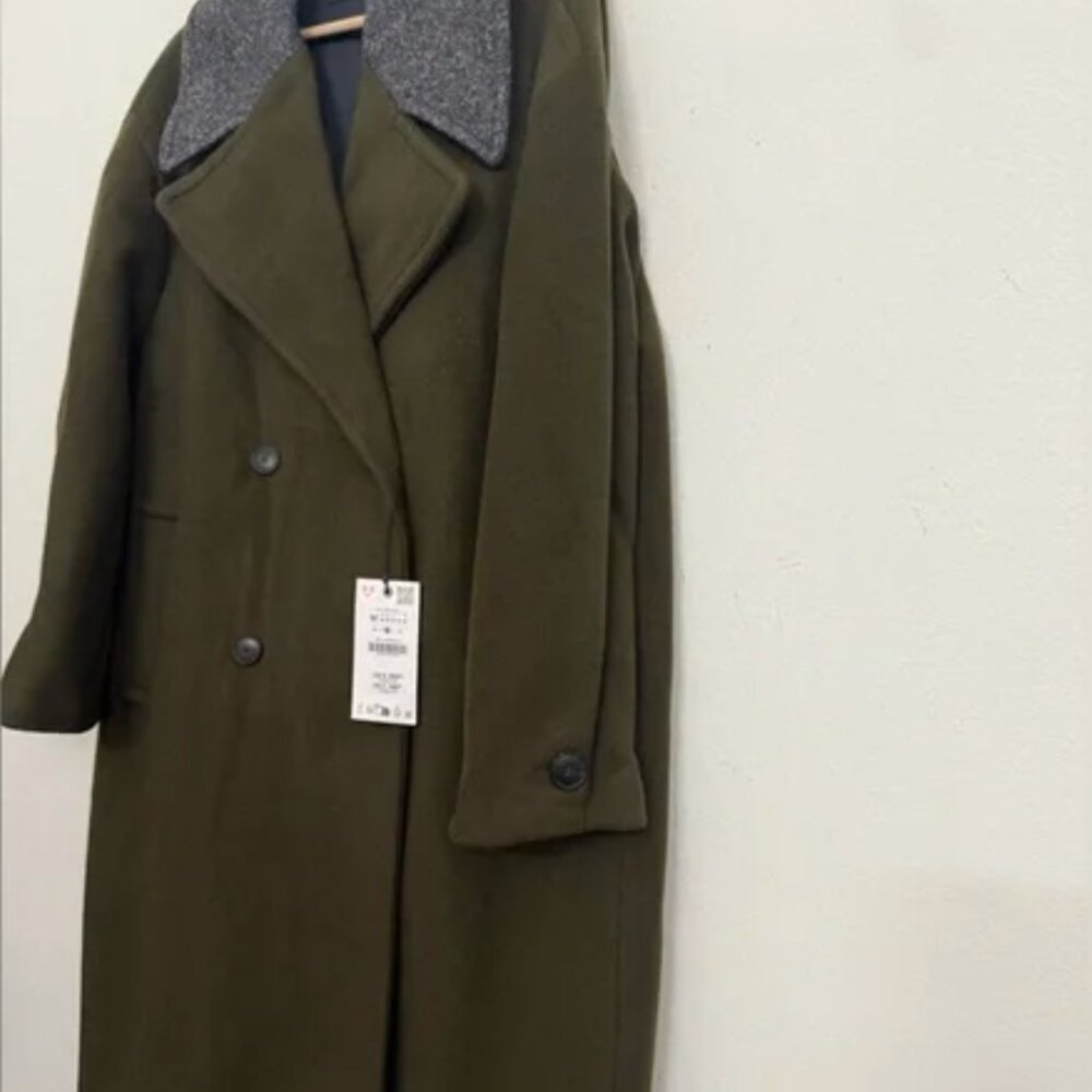 NWT Zara Monteco Wool Double-Breasted Long Coat with Gray Collar/ Olive Green M - Picture 13 of 16